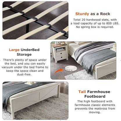 T4TREAM Farmhouse King Size Bed Frame w/Storage Bookcase Headboard, Sliding Barn Door, Charging Station, Rustic Wood Platform Bed w/Wood Slats Support, No Box Spring Needed, Antique Brush White