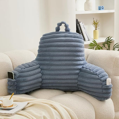 WERDIM Reading Pillow for Sitting in Bed, Faux Fur Back Pillow for Rest, Bed Chair Pillow with Arms and Pockets(XLarge, Dusty Blue)