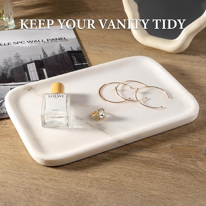 Koville Marble Tray, 12"x8" Marble Vanity Tray for Bathroom Kitchen Countertop, Rectangular Stone Tray for Cosmetics Perfume Trinket, Decorative Catchall Trays (Oriental Calacatta)