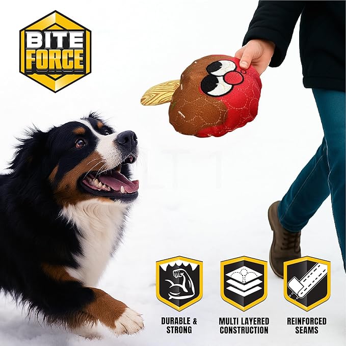Bite Force -Durable & Strong Dog Toy Candy Apple Buddy with Squeaker, Kevlar-Reinforced for Aggressive Chewers for Small Medium Large Dogs - red.