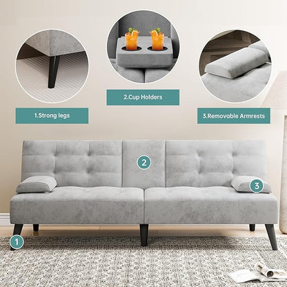 Meilocar Futon Sofa Bed, Modern Sofa Couch Recliner, Adjustable Sofa Bed for Living Room, Office, Guest Room Removable Armrest, 2 Cup Holders, Adjustable Backrest, Light Grey