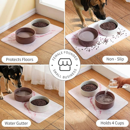 Diatomite Stone Pet Feeding Mat for Dog Cat Super Absorbent Diatomite Quick Drying Stone Dog Food Water Mat, Dog Mats for Food and Water with Non-Slip Station, Fast Dry Pet Mats, Marble Pink