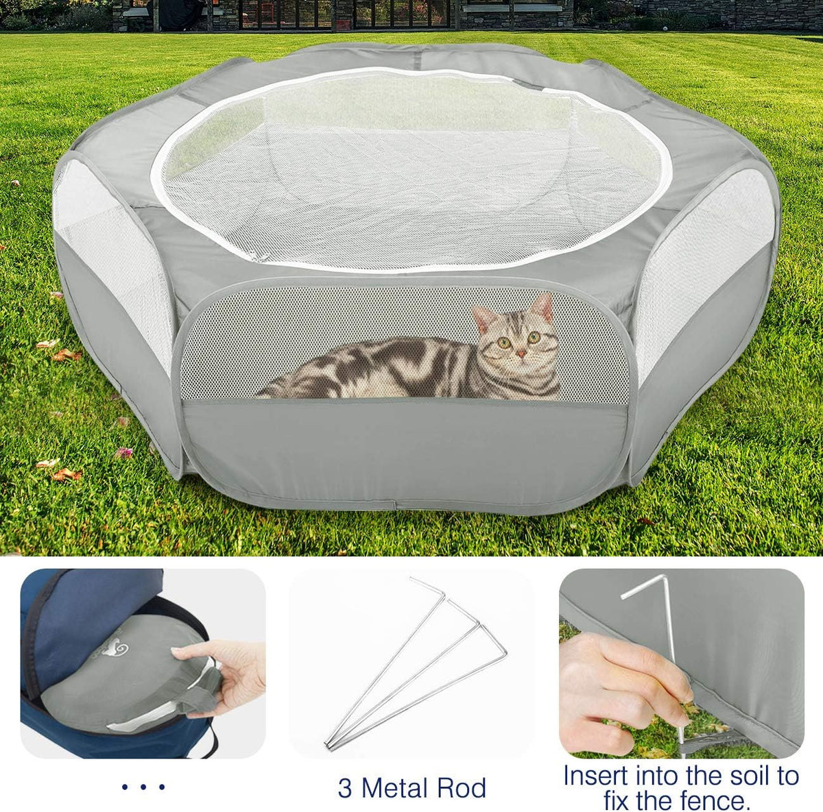 Pawaboo Small Animals Playpen, Waterproof Small Pet Cage Tent with Zippered Cover, Portable Outdoor Yard Fence with 3 Metal Rod for Chick/Kitten/Puppy/Guinea Pig/Rabbits/Hamster/Chinchillas,Light Gray