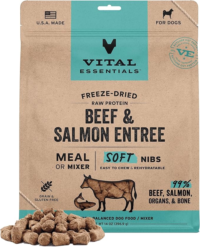 Vital Essentials Freeze-Dried Raw Beef & Salmon Meal or Mixer Dog Food Soft Nibs | 99% Beef, Salmon, Organs & Bone |14 oz