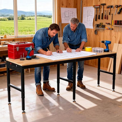 Betterhood 96" Adjustable Workbench, 5000 LBS Heavy Duty Work Table with Power Outlets & Pegboard, Rubber Wood Workstation for Garage, Workshop, Office, Home, Commercial