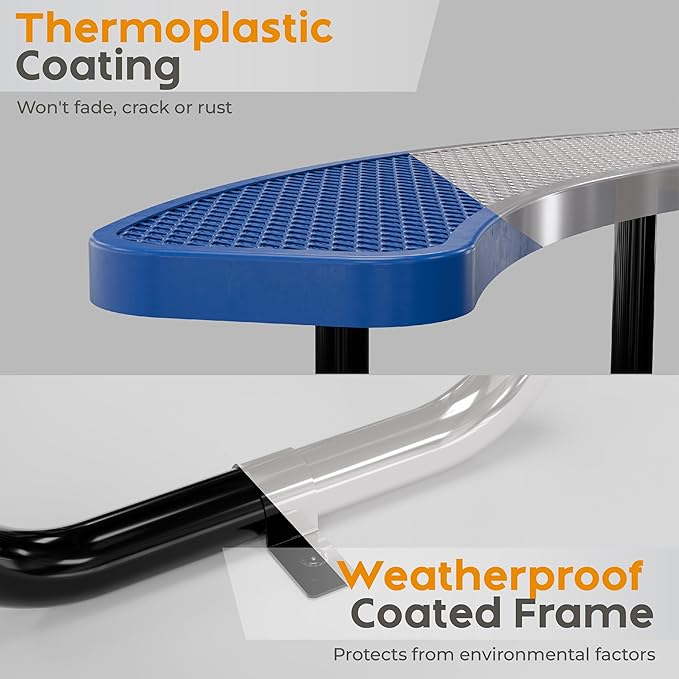 Metal Picnic Tables for Outdoors with Umbrella Hole - Coated Steel Heavy Duty Commercial Grade Furniture Set with Adjustable Seats (Blue, 38 in, Round, Expanded Steel)