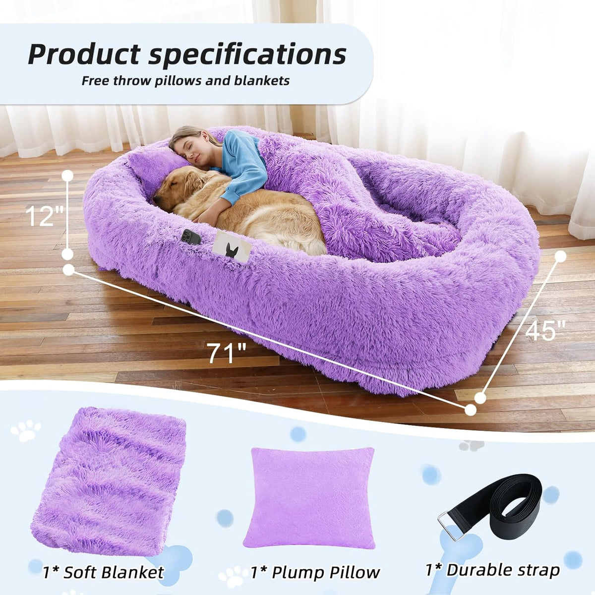 Human Dog Bed, 71''x45''x12'' Size Fits You and Pets, Washable Faux Fur Pet Bed for People Doze Off, Napping Orthopedic Dog Bed, Present Plump Pillow, Blanket, Strap - Purple