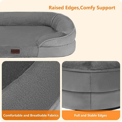 Dwanton Orthopedic Dog Bed for Large Dogs with Gel Memory Foam, Waterproof Dog Sofa, Washable Pet Bed with Four Sided Bolster Cushion, Removable Cover & Non-Slip Bottom, 42", Medium Grey