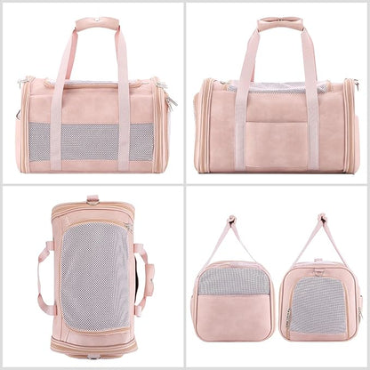 Fashion Leather Dog Carrier, Airline Approved Cat Carrier Soft Sided Pet Bag Carrier Purse for Puppy Kitten Small Animals Pink