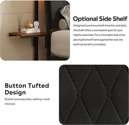WLIVE Queen Size Upholstered Bed Frame with 2 Side Shelves, Linen Tufted Storage Headboard with Charging Ports and LED Light, Metal Solid and Stable, No Box Spring Needed, Easy Assembly, Brown