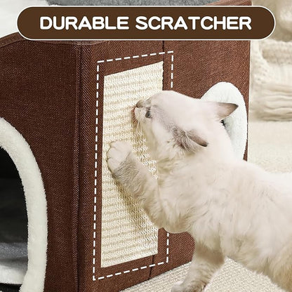 Large Cat Bed for Indoor Cats, Extra Wide Cat Cave House with Scratch Pad and Fluffy Ball, Foldable Cat Hideaway for Kitten Bed, Cat Condo for Cats (Brown, X-Large)