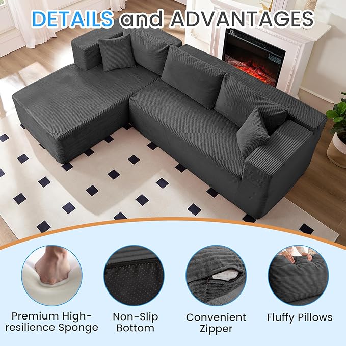 PUREMIND 106" Cloud Sectional Couch for Living Room, Corduroy L Shape Sofa with Deep Seat, Modular Boneless Foam Couch Corner Couches No Assembly Required