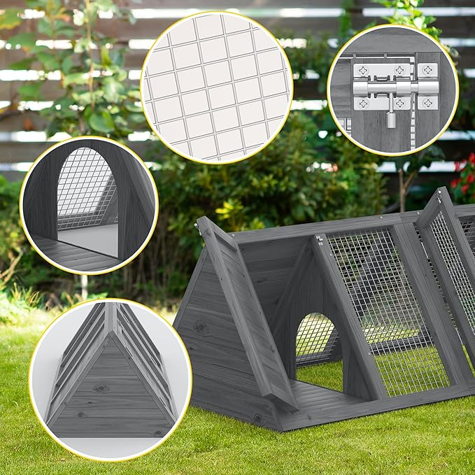 Rabbit Hutch, Small Chicken Coop Outdoor A-Frame Quail Cage with 2 Door & Run Cage Wooden Triangle Quail Hutch with Ventilating Wire Poultry Hutch for Small Animal (Gray)