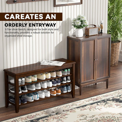 Shoe Bench Storage Rubberwood with Leather Cushion for Entryway Bench Ideal for Hallways Shoe Rack Front Doors Entrances Mudrooms Featuring 3 Height-Adjustable and Removable Shelves