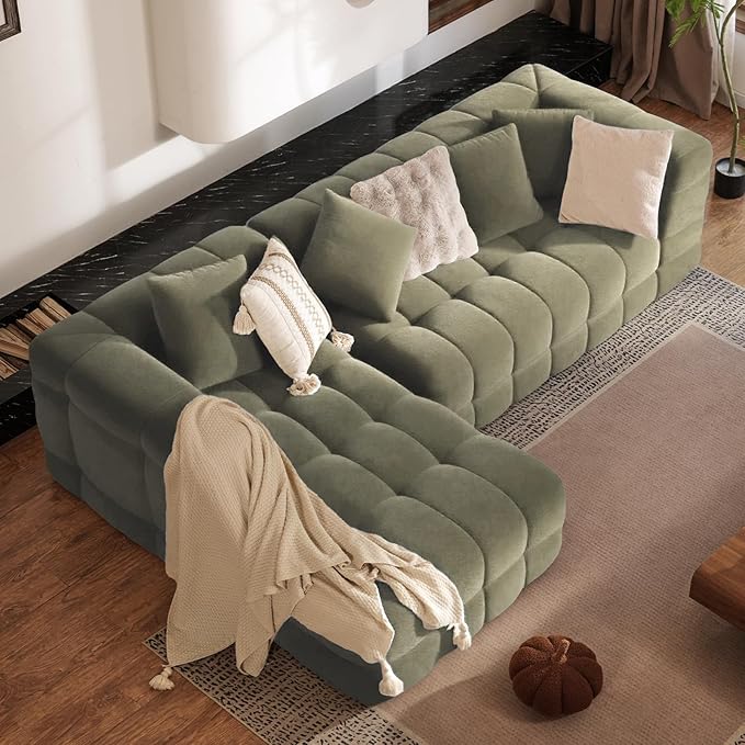 107" Modern Boneless Couch with L - Shaped Chaise, Comfy Chenille Modular Sectional Sofa with Tufted Design, Deep Seat Upholstered Sofa Bed, No - Assembly Sectional Couch, Green