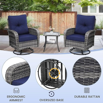 wildformers Luxury Outdoor Swivel Wicker Glider Patio Chairs with Table Set, Overstuffed Washable Cushions, Ideal for Porch, Balcony, Deck, Grey Rattan and Blue Cushion