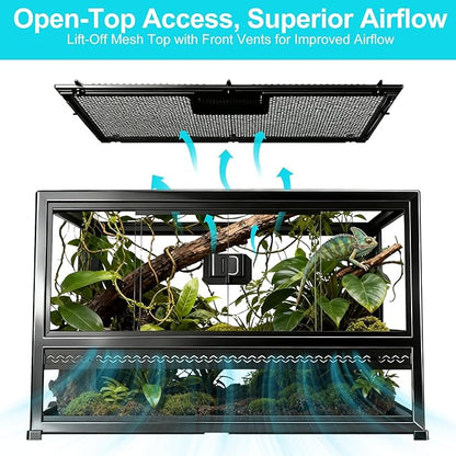 Reptile Terrarium Glass Enclosure 22" × 14" × 12", Front Opening Tank with Mesh Top, Easy Assembly for Small Reptiles, Geckos, Lizards, Snakes, Turtles & More