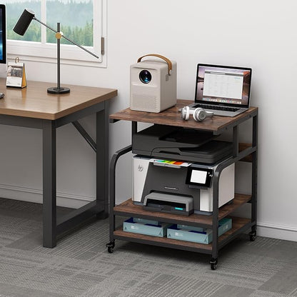 Fannova 23.6" Deep Extra Large Printer Stand, 3 Tier Printer Table with Adjustable Storage Shelf, Rolling Printer Cart with Industrial Wheels for Home Office, Rustic Brown