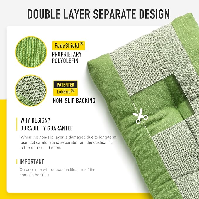 SUNROX LokGrip Non Slip Tufted Memory Foam Bench Cushion, FadeShield Water Resistant Durable Thicken Outdoor/Indoor Bench Seat Pads 42x16x4 inch, Apple Green
