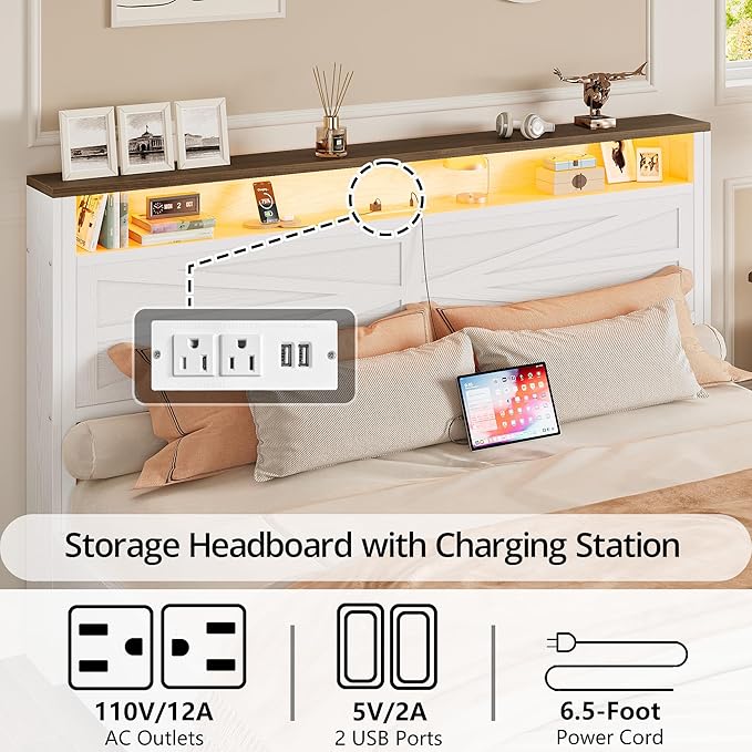 IRONCK Farmhouse Queen Size Bed Frame with LED Light and Charging Station, Wood Bed Frame with Storage Headboard and 2 Drawers， Barn Door Design, Sturdy and Noiseless, White
