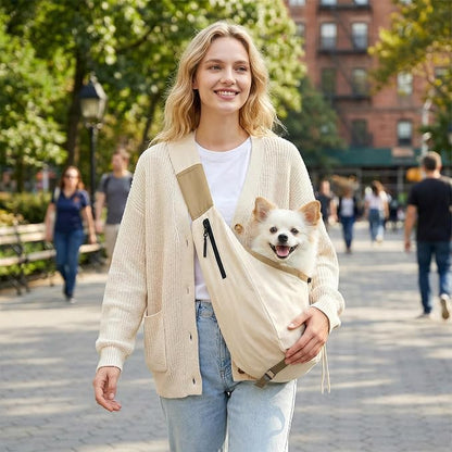 Dog Carrier Sling for Small Dogs/Cats Up to 15 lbs - Multi-Pocket Oxford Pet Sling Carrier Bag with Adjustable Strap (Beige)