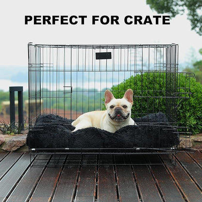 Bedfolks Waterproof Crate Pad, Plush Faux Fur Dog Bed With Removable Cover for Medium Dogs, Fluffy Washable Kennel Bed 29"x21", Black