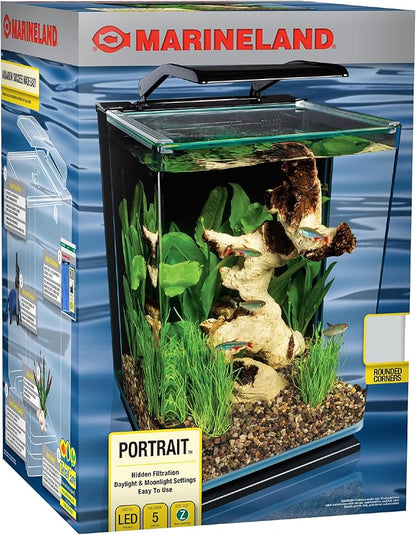 Marineland Portrait Glass LED Aquarium Kit, 5 Gallons, Hidden Filtration,Black