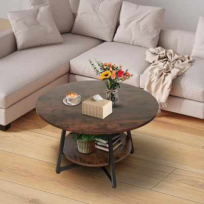 Masigle Round Coffee Table, 2-Tier Circle Coffee Table with Storage, Modern Wood Round Center Table, for Living Room, Small Space, Home Office, Easy Assembly, Rustic Brown