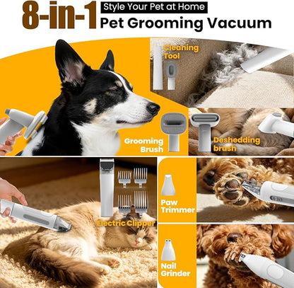 Dog Grooming Kit with Vacuum, 12000Pa Pet Electric Clipper & Nail Grinder | PG01 Plus 8-in1 Pet Grooming Kit, Low-Noise Dog Vacuum for Shedding Grooming, Pet Hair Remover Vacuum