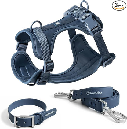 Dog Harness, Collar & Leash Set, Adjustable No Pull Harness with 3 Leash Clips, Waterproof Matching Collar & Leash, Breathable Comfort (Blue, Large)