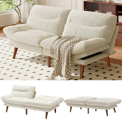 AMADA 66"Convertible Futon Sofa Bed, Corduroy Folding Futon Set with Adjustable Backrest &Armrests, Recliner Lounge for Living Room, Apartment or Office, Solid Wood Frame, Loveseat Sofa - Beige White
