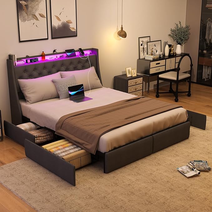 SADENICEL Full Size Bed Frame with Storage Headboard and 4 Drawer, Metal Full Bed Frame Platform with LED Light, Charging Station, No Box Spring Needed, Noise Free, Easy Assembly, Grey