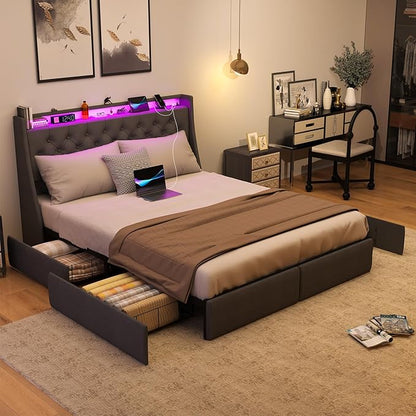 SADENICEL Full Size Bed Frame with Storage Headboard and 4 Drawer, Metal Full Bed Frame Platform with LED Light, Charging Station, No Box Spring Needed, Noise Free, Easy Assembly, Grey