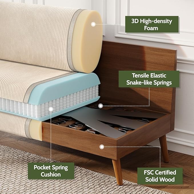 WEUP 68" Loveseat Sofa Beige Corduroy Couch, Mid Century Modern Love Seat Couches for Living Room, Small Loveseat for Bedroom Office, Comfy Sofa with Spring Cushion, Solid Wood, Tool-Free Assembly