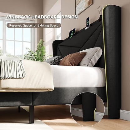 iPormis Queen Size Bed Frame with Charging Station, Linen Platform Bed Frame with Wingback Headboard Upholstered Bedframe, Solid Wood Slats Support, No Box Spring Needed, Easy Assembly, Black