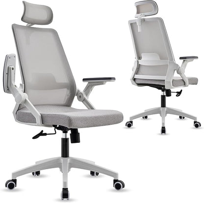 Msdizuo Ergonomic Office Computer Chair for All-Day Comfort, Dynamic Lumbar Support & Adjustable Headrest, 90° Swivel Flip-Up Arms Mesh Desk Chair - White, Tilt Lock, 350lbs