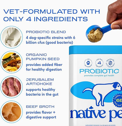 Native Pet Probiotics for Dogs - Dog Probiotics Powder for Digestive Health, Gut Support, & Immune Boost – Vet-Formulated Powder for Maximum Potency with Digestive Enzymes & Prebiotics - 120 Scoops