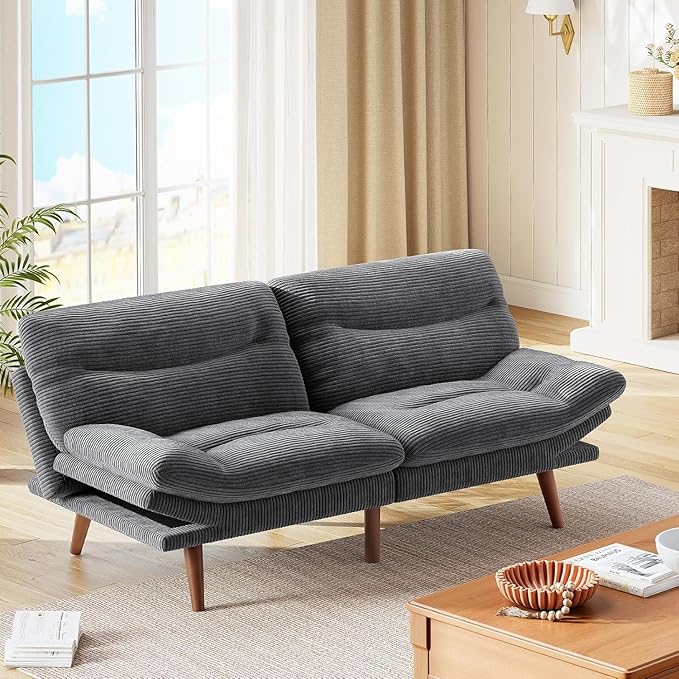 Marsail Futon Sofa Bed, Futon Couch with Adjustable Backrest & Armrests, Convertible Small Sleeper Sofa Bed for Small Apartments, Study Room, Office, Corduroy Loveseat, Dark Grey