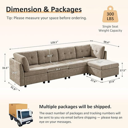 VANOMi 118" Modular Cloud Sofa with Ottoman, 4 Seater Modular Sectional Sofas & Couches for Living Room, Cozy Chenille Cloud Sectional Couch Sofas for Living Room, Apartment, Office, Camel, L Shaped