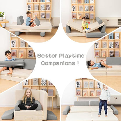 Modular Play Sofa, Instant Expansion, Corduroy Fabric, Grey and Beige