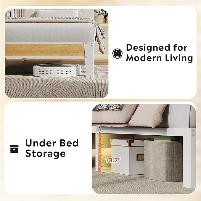 WLIVE Twin Size Upholstered Bed Frame with 2 Side Shelves, Linen Tufted Storage Headboard with Charging Ports and LED Light, Metal Solid and Stable, No Box Spring Needed, Easy Assembly, Beige