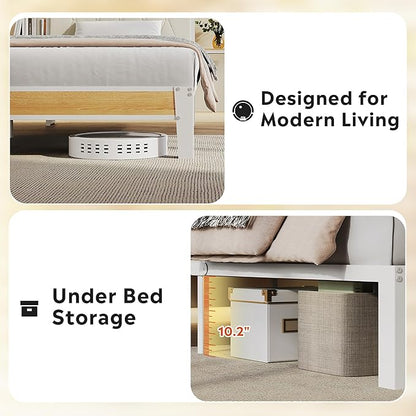 WLIVE Twin Size Upholstered Bed Frame with 2 Side Shelves, Linen Tufted Storage Headboard with Charging Ports and LED Light, Metal Solid and Stable, No Box Spring Needed, Easy Assembly, Beige
