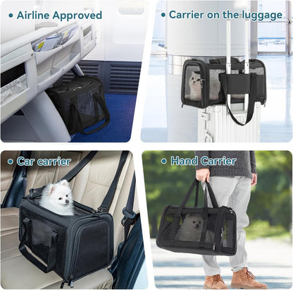 Petsfit Airline Approved Dog Carrier Cat Carrier, Soft-Sided Collapsible Pet Carrier for Travel, 3 Carrying Ways, Lightweight and Ventilation on 5 Sides, Escape Proof, with Soft Fleece Pad