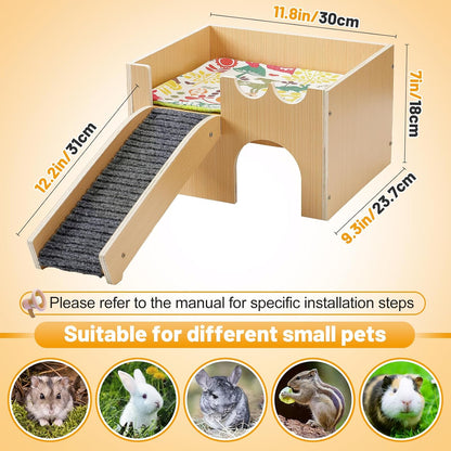 Upgraded Guinea Pig Castle, Sturdy Wooden Guinea Pig Hideout, Small Animal House Bed Hut Habitats with Stairs, Easy to Assemble for Hamsters Bunny Chinchillas Playing Hiding