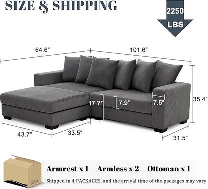 101.6" Deep Seat Modular Sectional Sofa, Thickened Corduroy Sectional Couches for Living Room, Comfy L-Shaped Upholstered Cloud Couch with Chaise, Widened Armrests for 4 People, Dark Grey