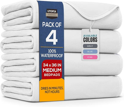 Utopia Bedding Washable Underpads 34" x 36" (Pack of 4), Waterproof Reusable Heavy Absorbency Incontinence Bed Pads for Adults, Kids, Elderly and Pets, Bedwetting Pads for Sofa and Couch (White)
