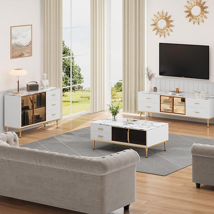 Modern White Coffee Table with Gold Metal Legs for Living Room - Large Center Table with 2 Glass Door Storage & 4 Drawers, Sintered Stone Table Top for Reception Room White