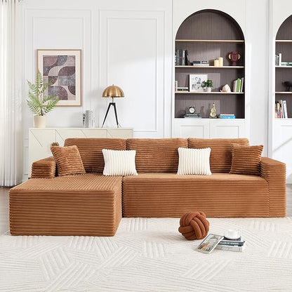 108" Boneless Couches for Living Room, Modular Sectional Sofa with Oversized Chaise, L-Shape Cloud Couch with Deep Seat, High-Density Memory Foam, No Assembly Required, Plush Corduroy Brown