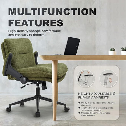 Criss Cross Legged Office Chair with Wheels and Flip-Up Arms, Ergonomic Wide Seat Desk Chair with Thick Padded, Height Adjustable Criss Cross Chairs for Home Office, Bedroom,Apartment,Vanity,Green