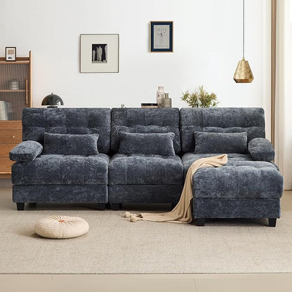 GRAINLLE 93'' Modular Sectional Cloud Couch with 1 Ottoman,Deep Seat Sleeper Sofa L Shaped Sectional Couch,Convertible Upholstered Comfy Chenille Sectional Sofa for Living Room,Bedroom(Blue)